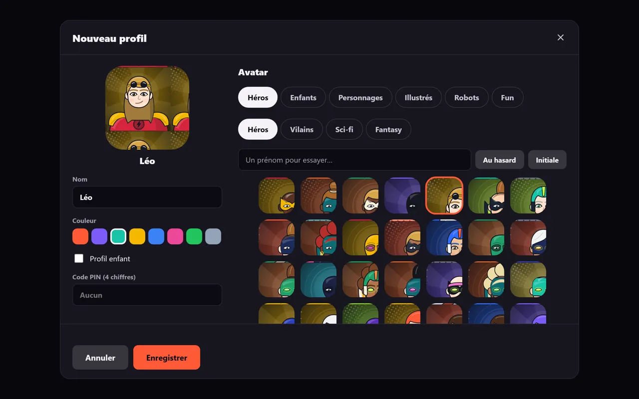 Fenêtre «&nbsp;Nouveau profil&nbsp;»&nbsp;: champ Nom rempli avec «&nbsp;Léo&nbsp;», huit pastilles de couleur, case «&nbsp;Profil enfant&nbsp;» et grille d'avatars.