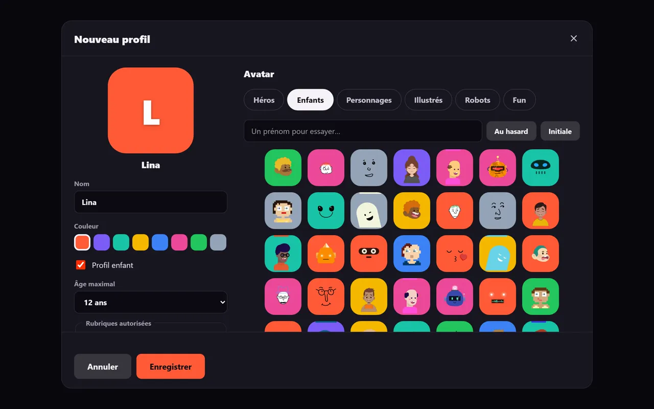 Fenêtre «&nbsp;Nouveau profil&nbsp;» pour un enfant&nbsp;: nom «&nbsp;Lina&nbsp;», couleur orange, avatars enfants, case «&nbsp;Profil enfant&nbsp;» cochée et âge maximal réglé sur 12 ans.
