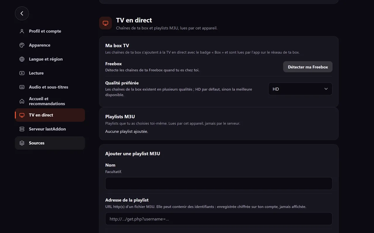 Réglages, catégorie TV en direct&nbsp;: la carte «&nbsp;Playlists M3U&nbsp;» indique «&nbsp;Aucune playlist ajoutée&nbsp;», et le formulaire «&nbsp;Ajouter une playlist M3U&nbsp;» est juste en dessous.